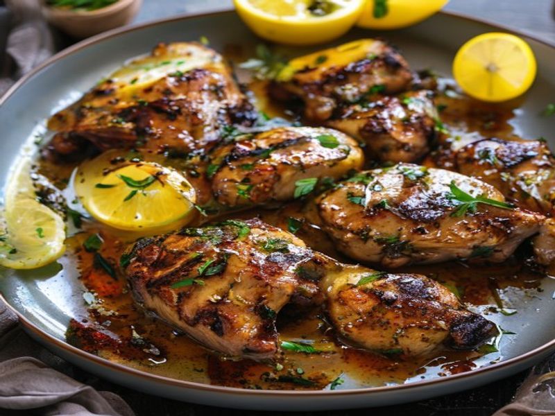 Finished 30-Minute Sheet-Pan Harissa-Honey Chicken Thighs with Charred Lemon beautifully plated, professional food photography, natural lighting