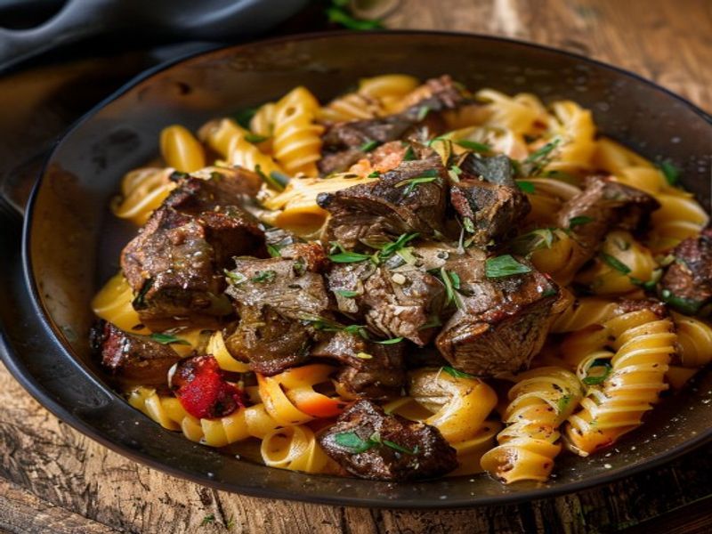 Finished 30-Minute Slow Cooker Lamb Pasta beautifully plated, professional food photography, natural lighting