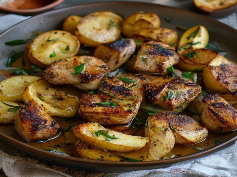 Finished 35-Minute Sheet-Pan Balsamic Rosemary Chicken Thighs with Crispy Fingerling Potatoes beautifully plated, professional food photography, natural lighting