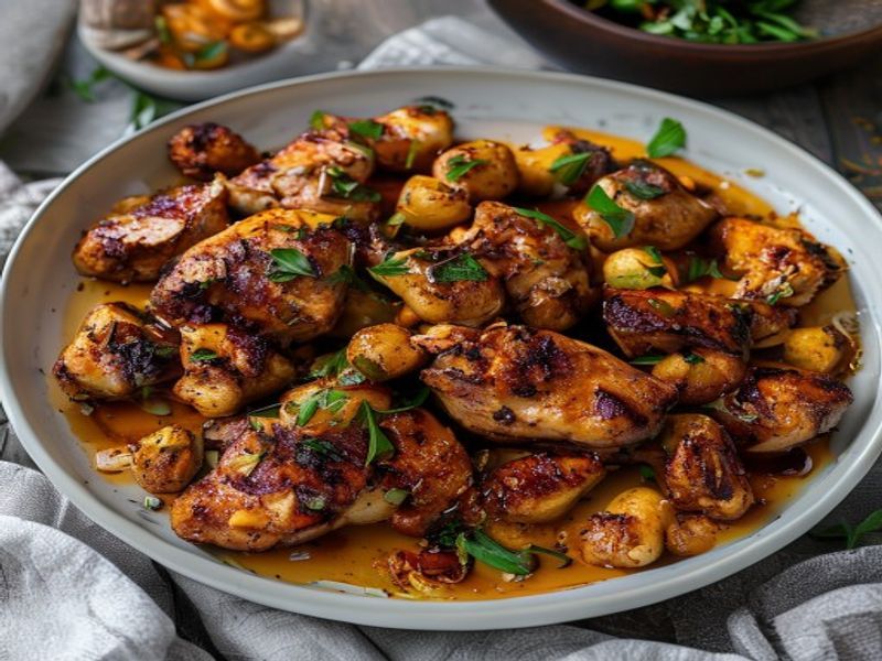 Finished 35-Minute Sheet-Pan Harissa-Honey Chicken Thighs & Crispy Chickpeas for Weekly Meal Prep beautifully plated, professional food photography, natural lighting