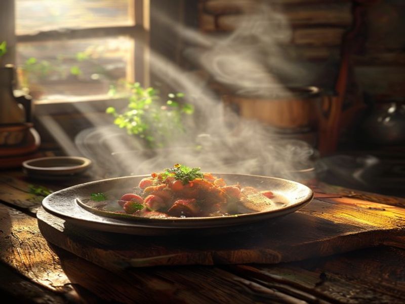 A rustic, cozy lifestyle shot of the finished dish on a wooden table, natural morning light, steam rising, realistic food photography