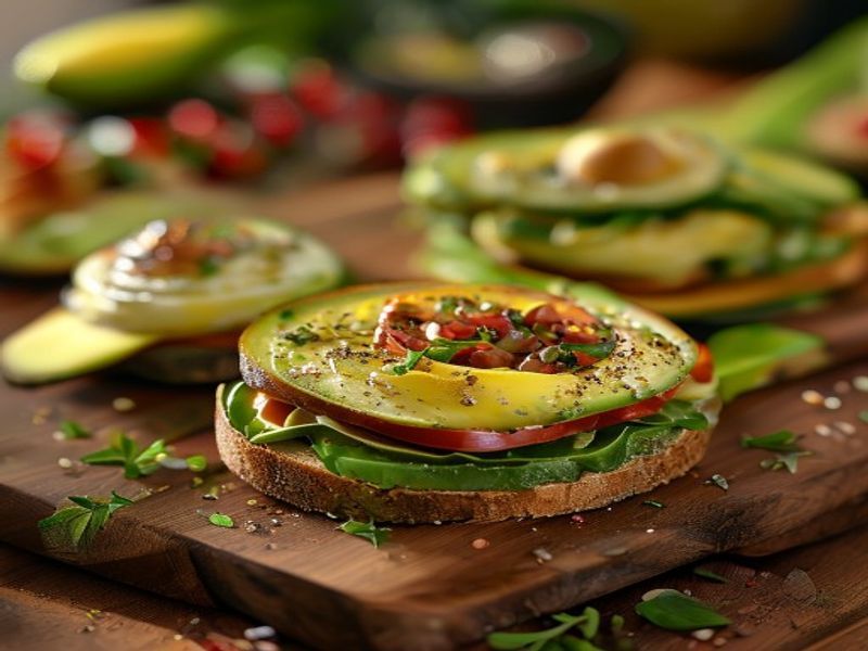 Close up shot of fresh ingredients for 5 Avocado Toast Variations on a cutting board, bright natural lighting, shallow depth of field, high detail