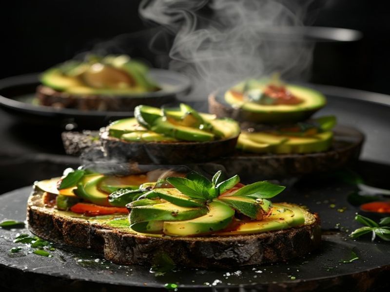 Action shot of cooking 5 Avocado Toast Variations, sizzling pan or fresh plating, appetizing, realistic, 4k food photography