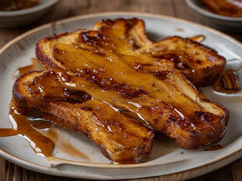Finished Air-Fried Sourdough French Toast with Brown Butter & Maple-Pecan Drizzle beautifully plated, professional food photography, natural lighting