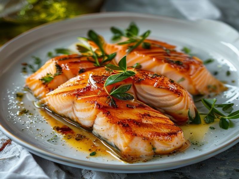 Finished Air Fryer Salmon beautifully plated, professional food photography, natural lighting