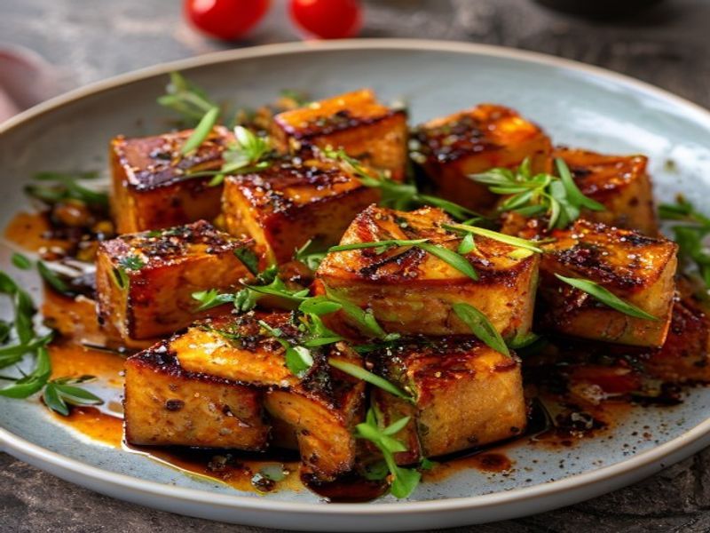 Finished Air Fryer Tofu with Honey Soy and Fresh Herbs beautifully plated, professional food photography, natural lighting