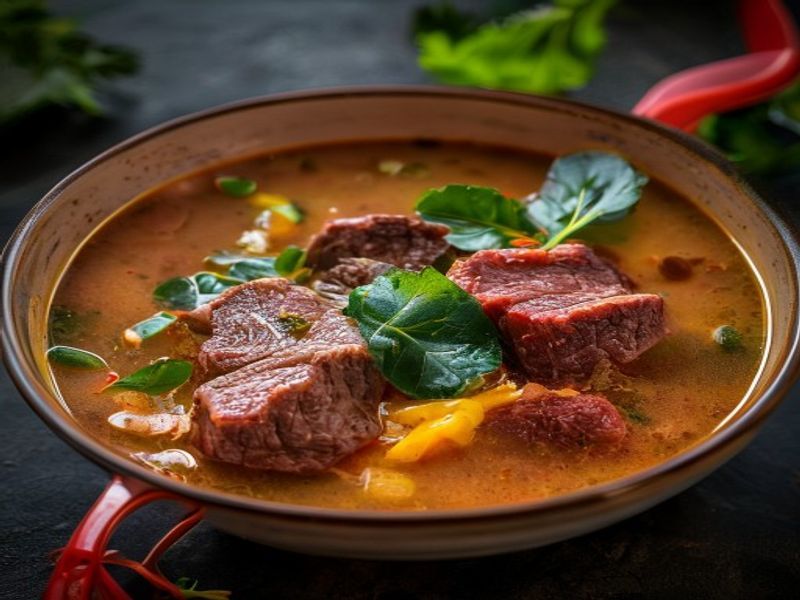 Finished Beef and Vegetables Soup (Mexican) beautifully plated, professional food photography, natural lighting