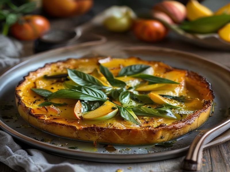 Finished Cast-Iron Baked Butternut Squash Frittata with Sage-Apple Cider Glaze beautifully plated, professional food photography, natural lighting