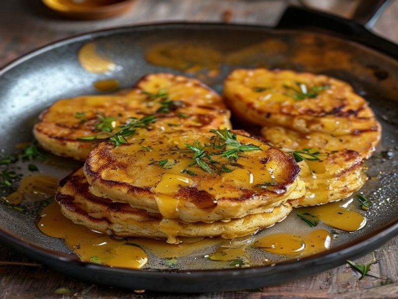 Finished Cast-Iron Pan-Fried Cornmeal Pancakes with Honey-Cardamom Drizzle beautifully plated, professional food photography, natural lighting