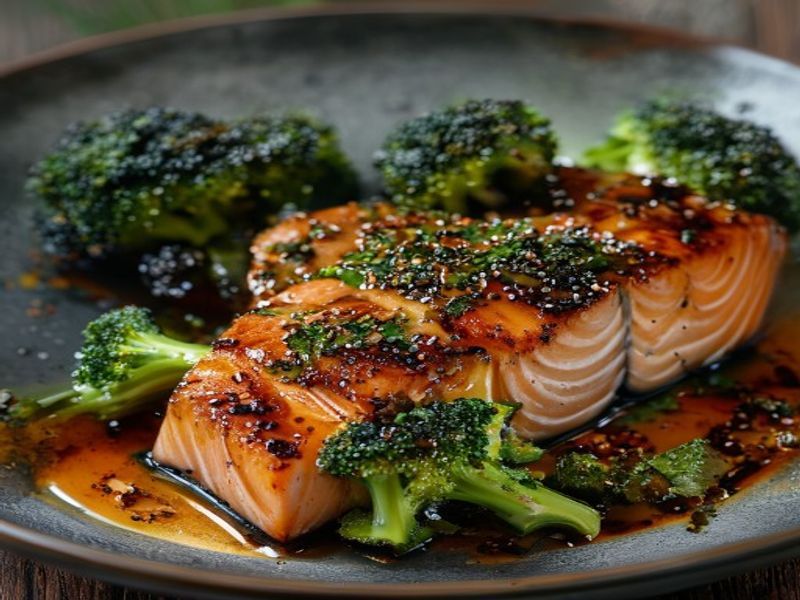 Finished Cast-Iron Seared Miso-Ginger Salmon with Crispy Sesame Broccoli beautifully plated, professional food photography, natural lighting