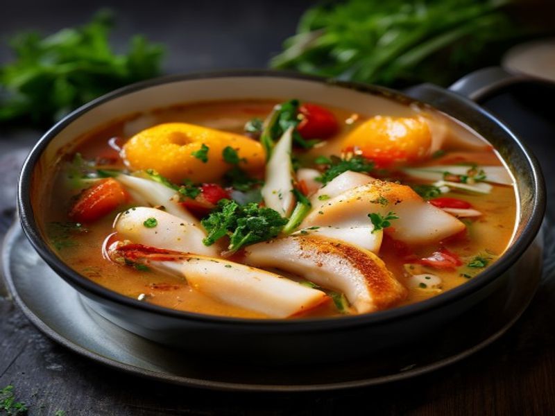 Finished Chicken and Vegetables Soup (Asian) beautifully plated, professional food photography, natural lighting
