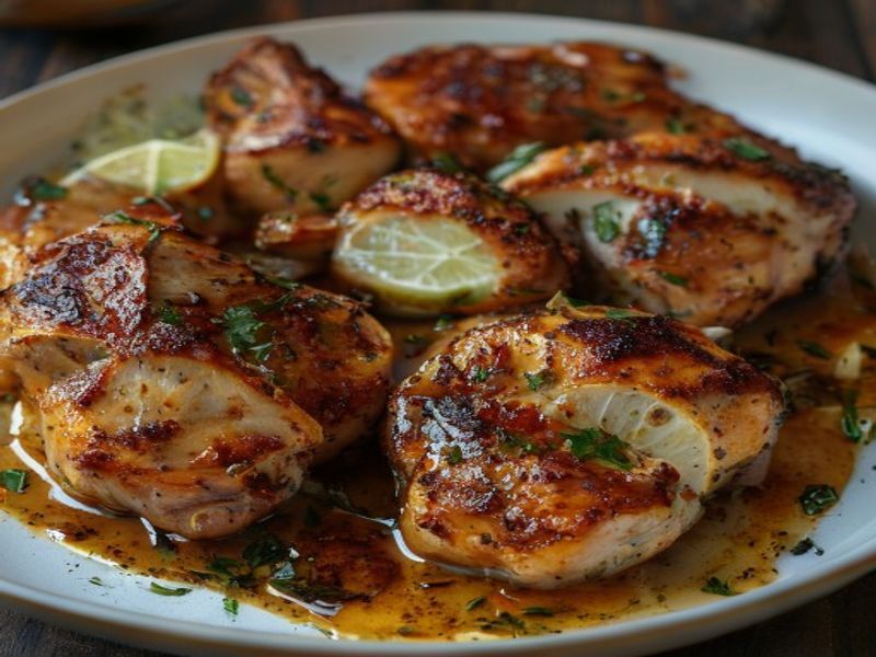 Finished Crispy Pan-Seared Smoked Paprika & Lime Chicken Thighs beautifully plated, professional food photography, natural lighting
