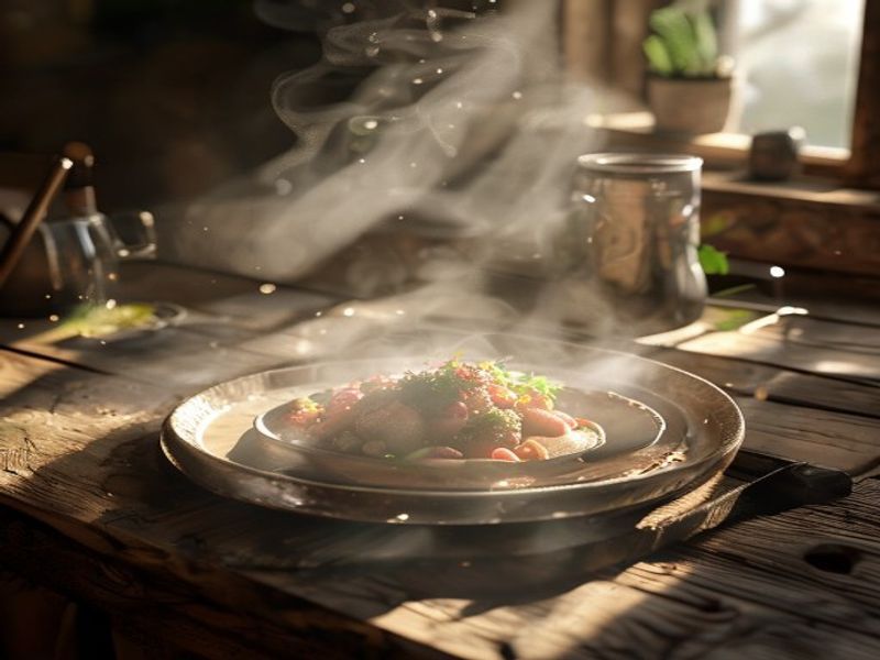 A rustic, cozy lifestyle shot of the finished dish on a wooden table, natural morning light, steam rising, realistic food photography