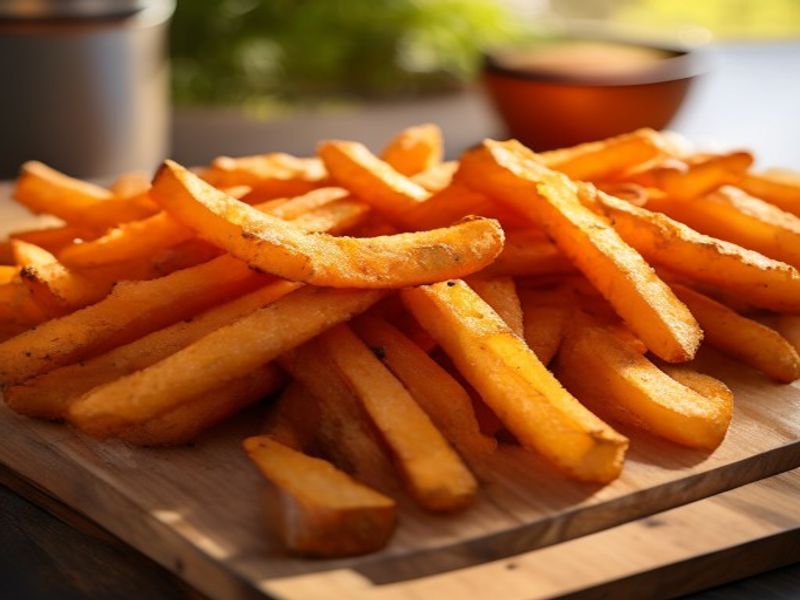 Close up shot of fresh ingredients for Crispy Sweet Potato Fries Guide on a cutting board, bright natural lighting, shallow depth of field, high detail