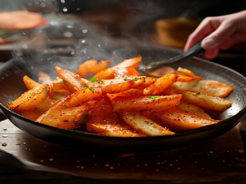 Action shot of cooking Crispy Sweet Potato Fries Guide, sizzling pan or fresh plating, appetizing, realistic, 4k food photography