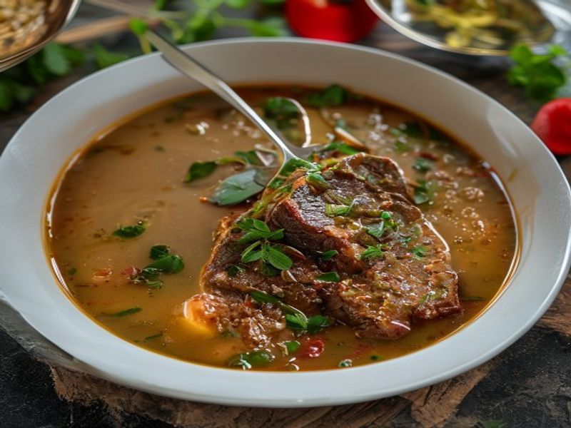 Finished Date Night Italian Lamb Soup beautifully plated, professional food photography, natural lighting