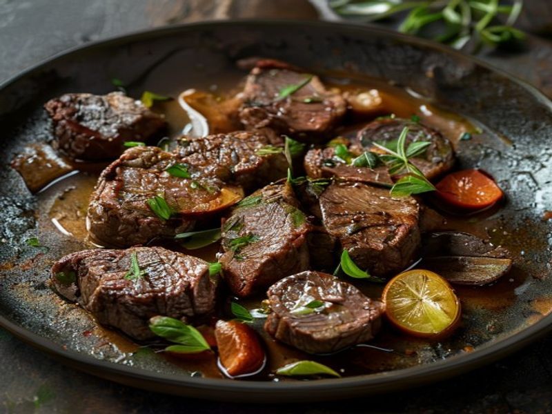 Finished Date Night Mediterranean Beef Skillet beautifully plated, professional food photography, natural lighting