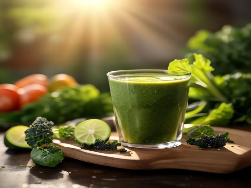 Close up shot of fresh ingredients for Detox Kale Green Smoothie on a cutting board, bright natural lighting, shallow depth of field, high detail