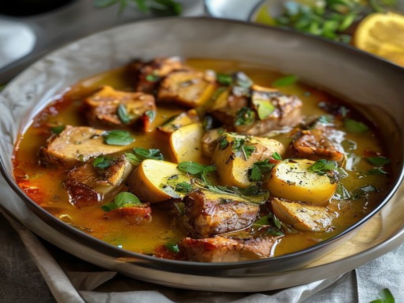 Finished Easy Sheet Pan Lamb Soup beautifully plated, professional food photography, natural lighting