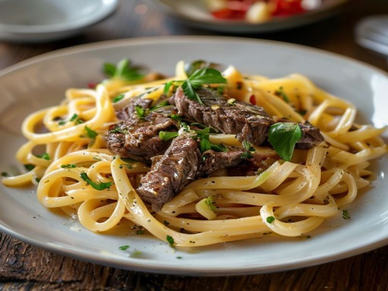 Finished French Beef Pasta for Family Dinner beautifully plated, professional food photography, natural lighting