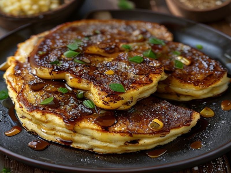 Finished Griddle-Cooked Cornmeal Pancakes with Brown Butter & Cardamom-Honey Drizzle beautifully plated, professional food photography, natural lighting