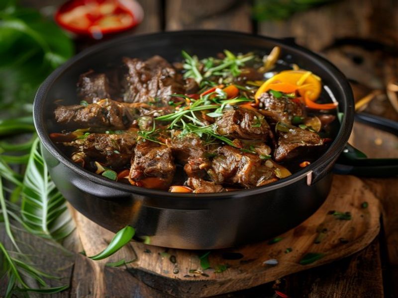 Finished Instant Pot Beef with Spicy and Fresh Herbs beautifully plated, professional food photography, natural lighting