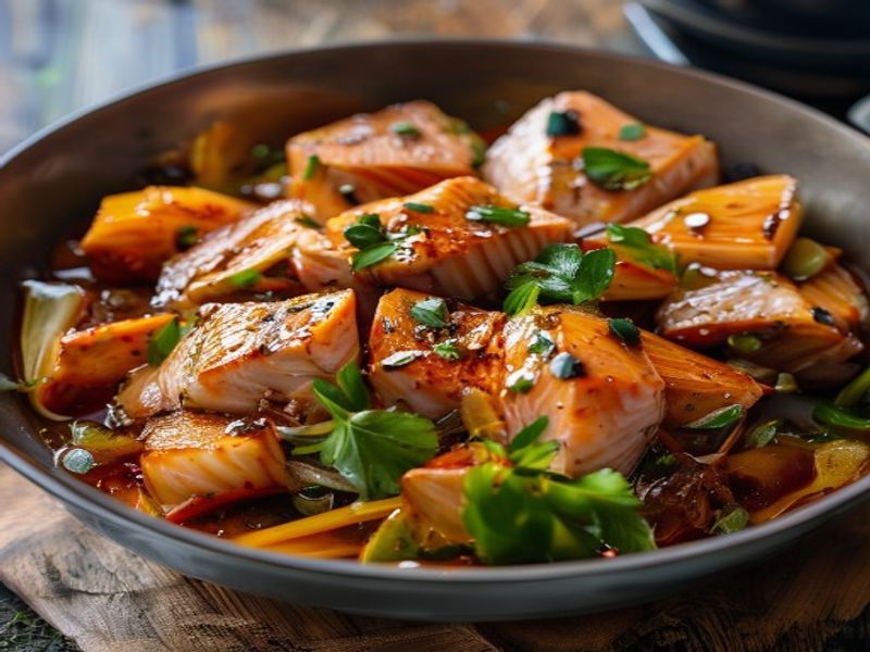 Finished Instant Pot Salmon Stir Fry with Honey Soy beautifully plated, professional food photography, natural lighting
