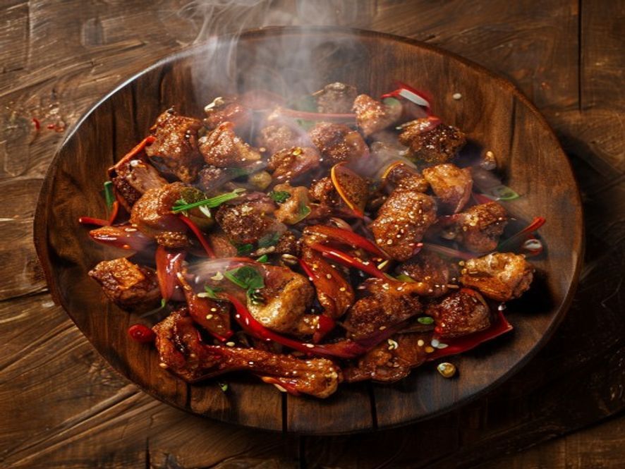 Overhead shot of delicious Kung Pao Chicken with Costco Rotisserie Chicken (Leftover Hack) on a wooden table, natural light, steam rising