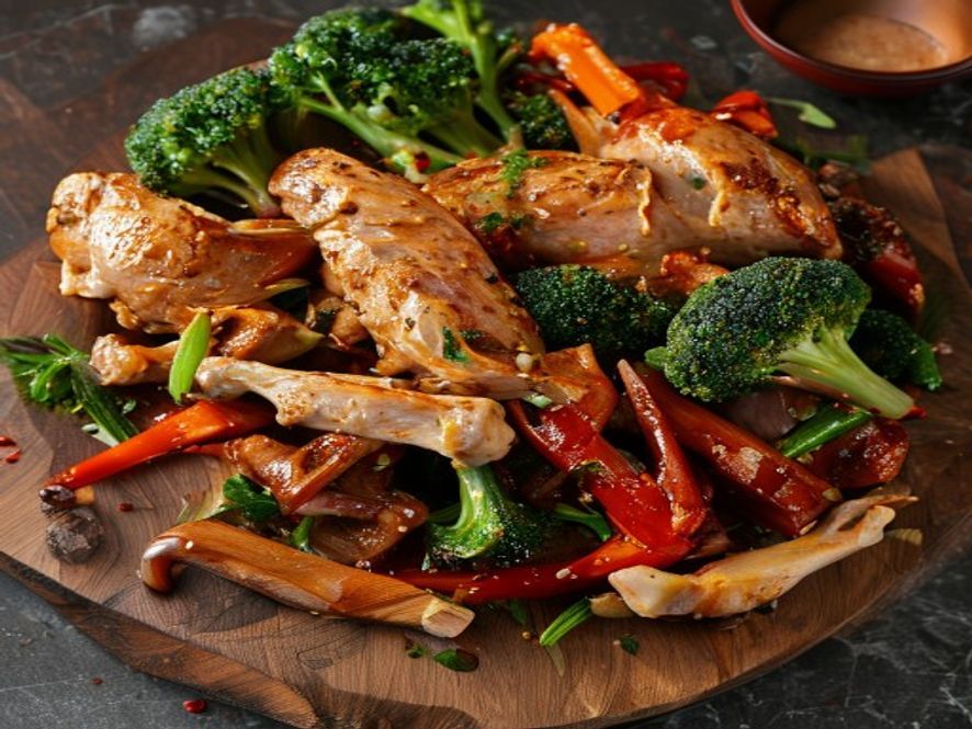 Fresh ingredients for Kung Pao Chicken with Costco Rotisserie Chicken (Leftover Hack) (beef, broccoli, spices) arranged on a cutting board