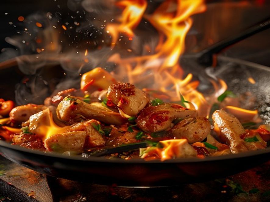 Close up action shot of stir-frying Kung Pao Chicken with Costco Rotisserie Chicken (Leftover Hack) in a wok with flames