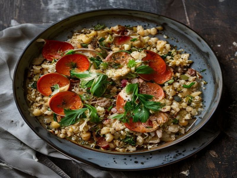 Finished Lamb and Quinoa Skillet (French) beautifully plated, professional food photography, natural lighting
