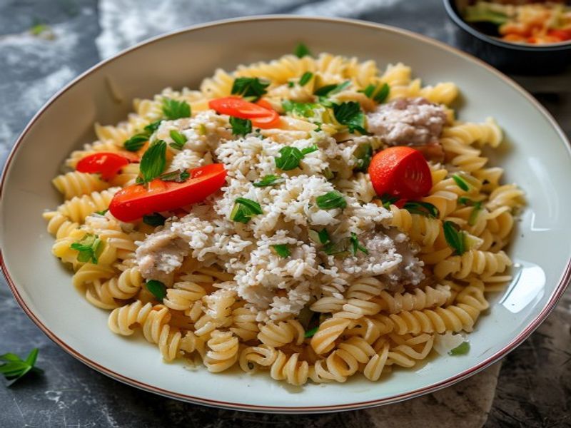 Finished Lamb and Rice Pasta (Asian) beautifully plated, professional food photography, natural lighting