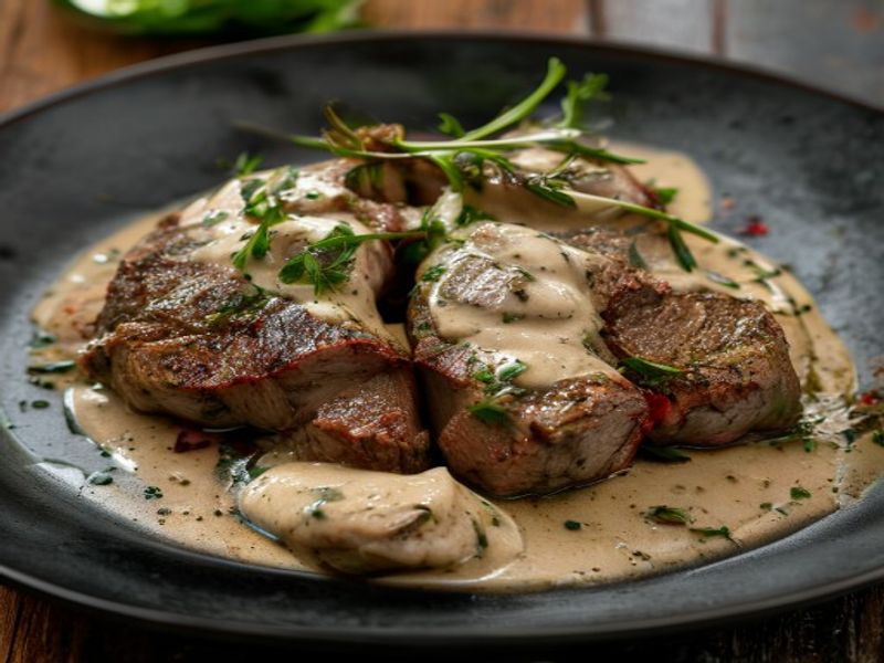 Finished Low-Carb Lamb Roast with Creamy Garlic Sauce beautifully plated, professional food photography, natural lighting
