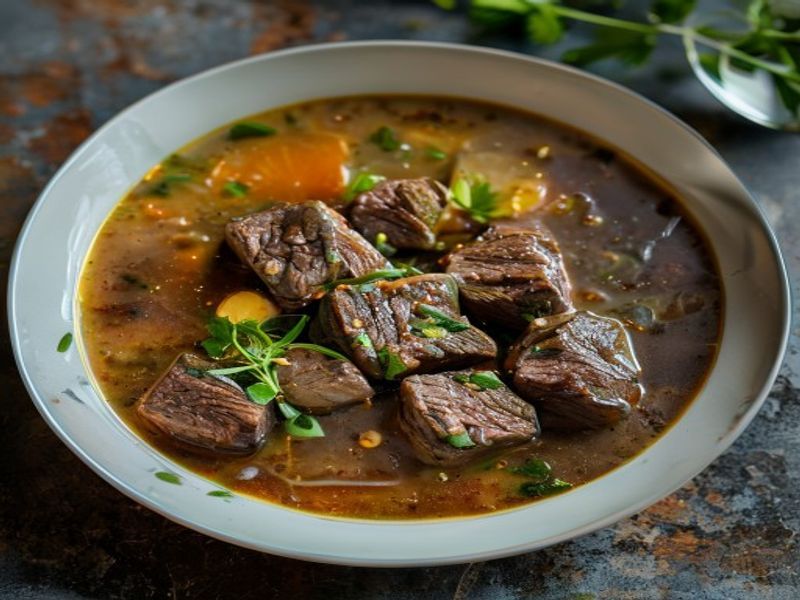 Finished Mediterranean Beef Soup for Busy Weeknights beautifully plated, professional food photography, natural lighting