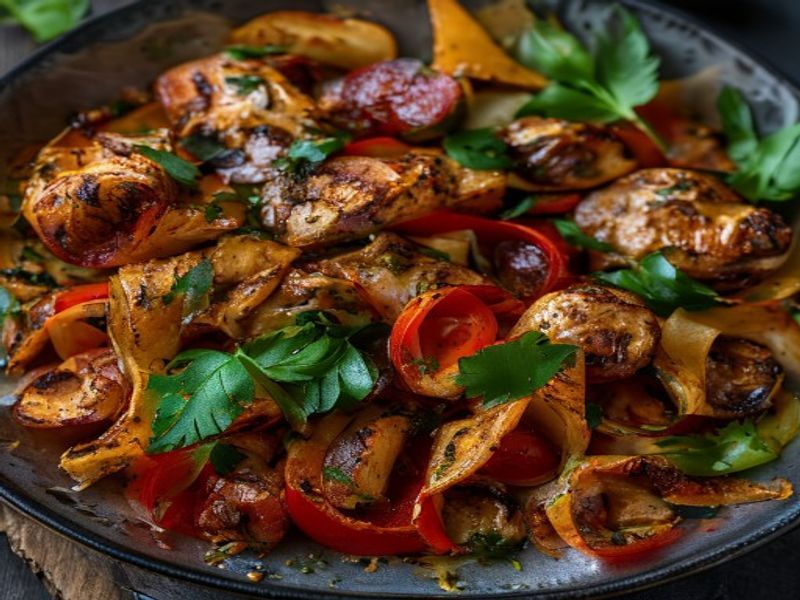 Finished One-Pan Chicken Fajitas with Bell Peppers beautifully plated, professional food photography, natural lighting