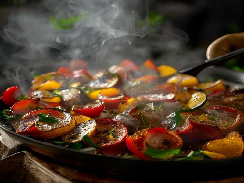 Cooking process shot, One-Pan Chicken Fajitas with Bell Peppers in pan, steam rising, professional action photography