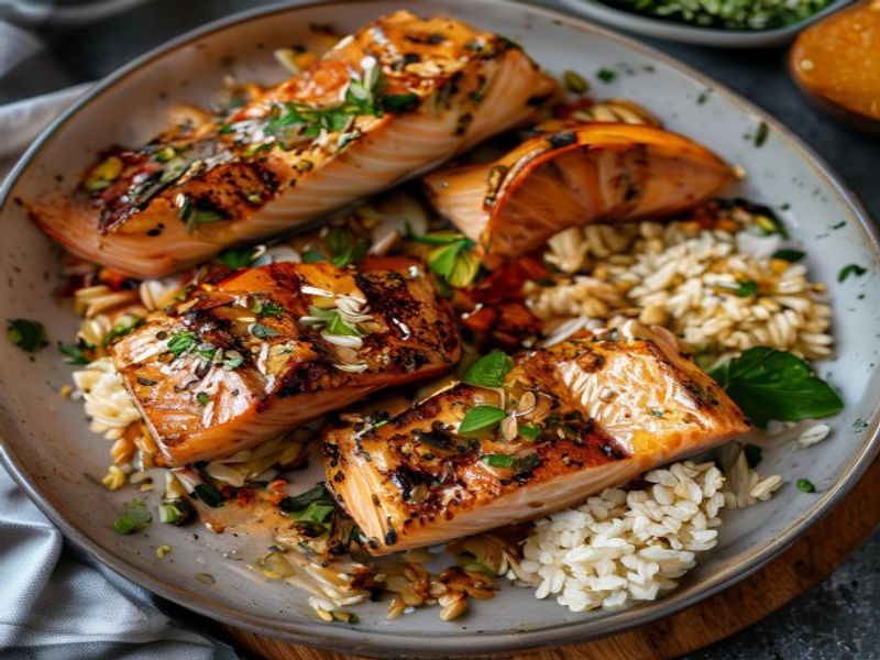 Finished Pan-Seared Honey-Garlic Salmon & Farro Lunch Bowls beautifully plated, professional food photography, natural lighting