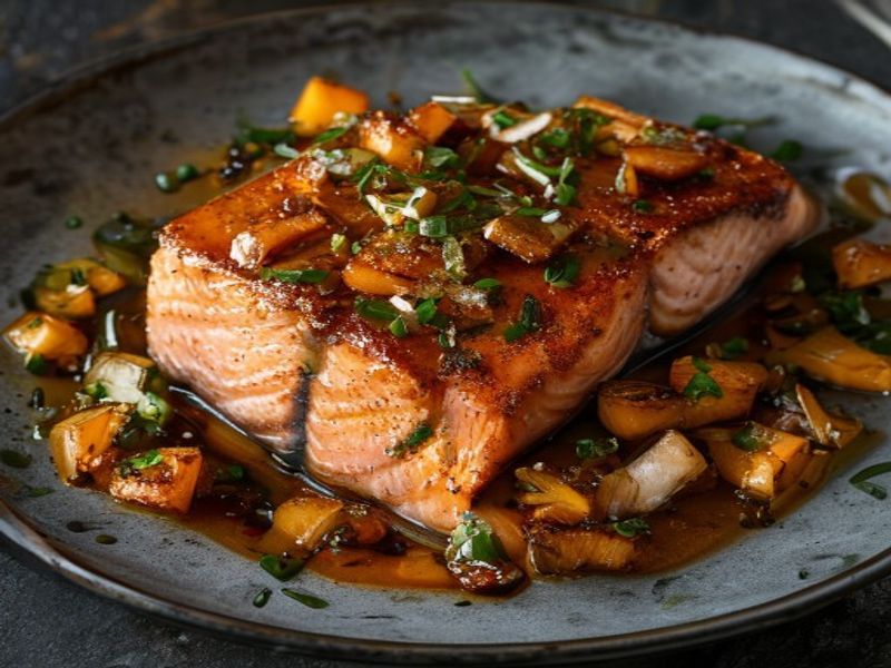 Finished Pan-Seared Miso-Maple Glazed Salmon with Crispy Garlic Scallions beautifully plated, professional food photography, natural lighting