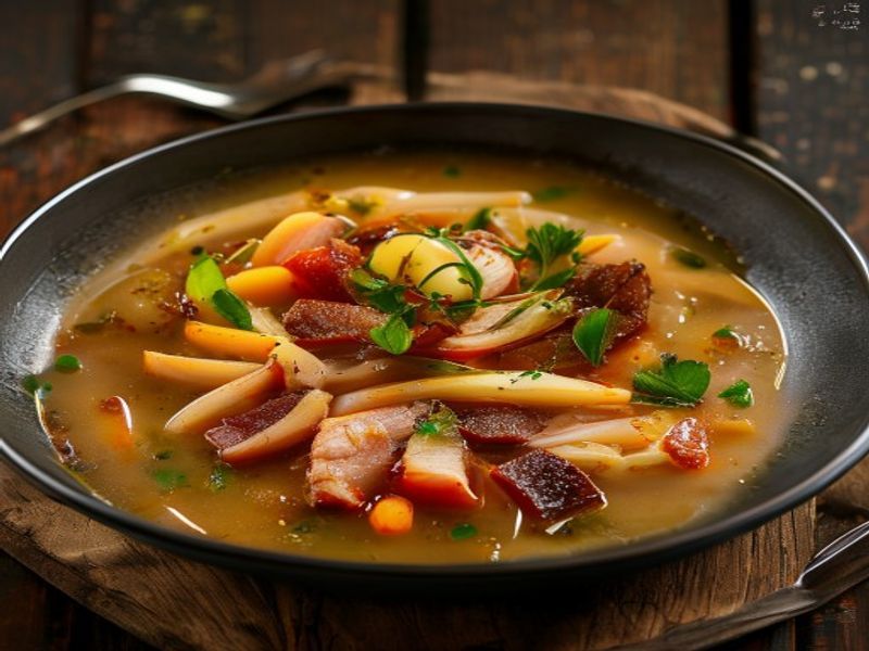 Finished Pork and Vegetables Soup (Asian) beautifully plated, professional food photography, natural lighting