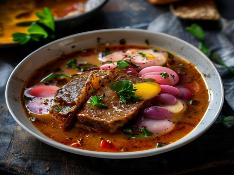 Finished Quick Italian Beef Soup beautifully plated, professional food photography, natural lighting