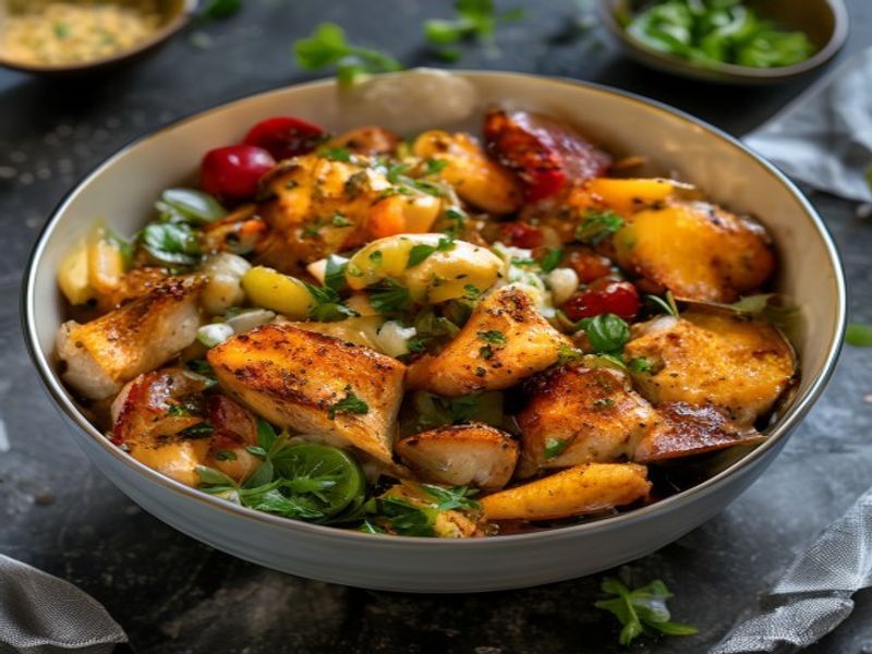 Finished Quick One-Pan Chicken Bowl beautifully plated, professional food photography, natural lighting