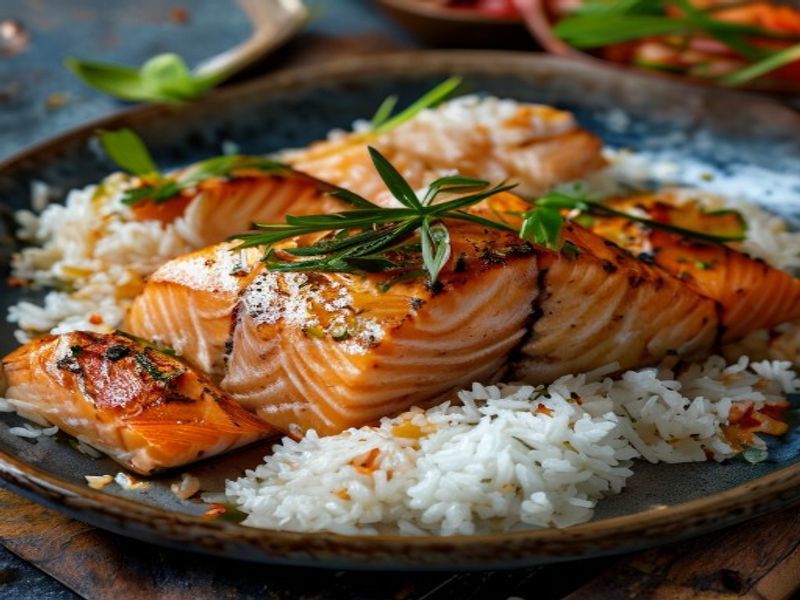 Finished Salmon and Rice Roast (Mexican) beautifully plated, professional food photography, natural lighting