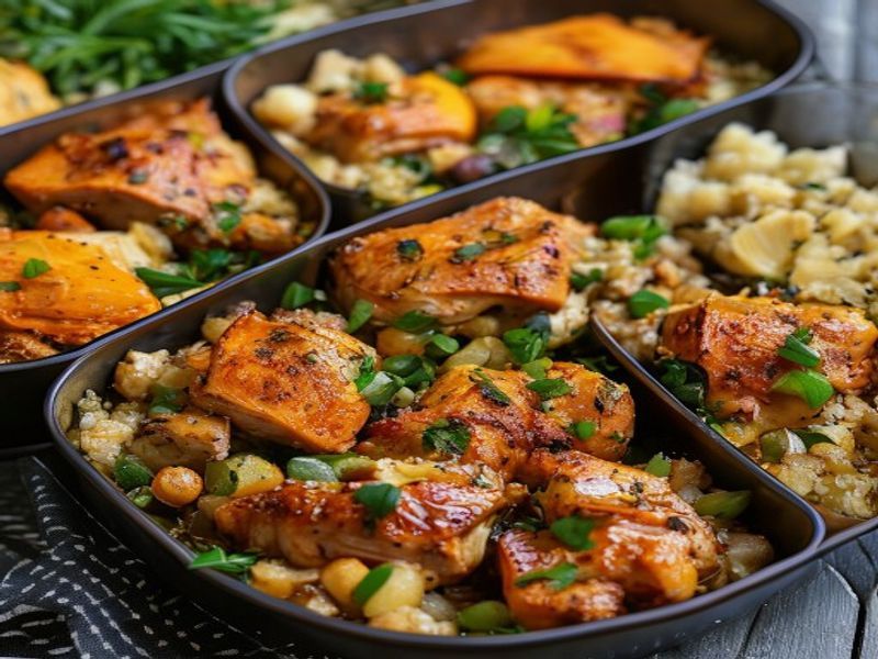 Finished Sheet-Pan Ginger-Sesame Chicken Thighs & Quinoa Meal Prep Bowls beautifully plated, professional food photography, natural lighting