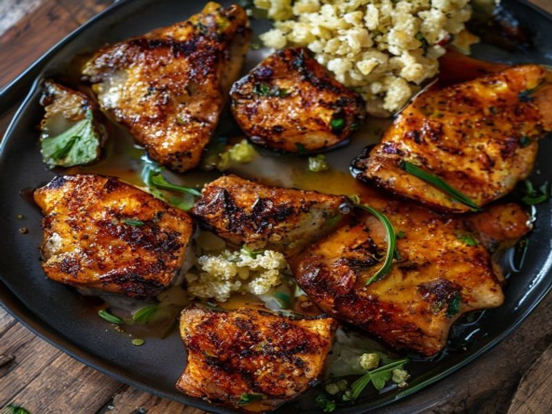 Finished Sheet-Pan Harissa-Honey Chicken Thighs with Crispy Quinoa beautifully plated, professional food photography, natural lighting