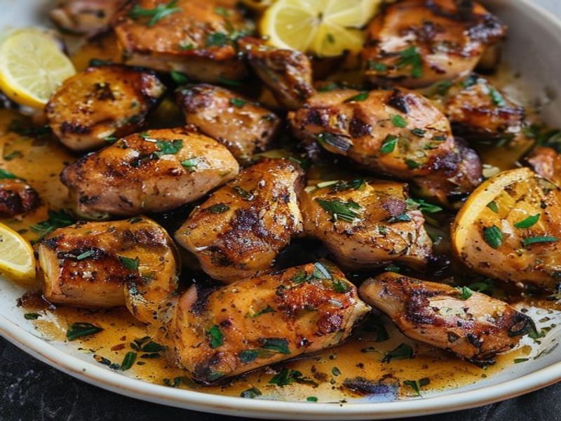 Finished Sheet-Pan Harissa-Honey Chicken Thighs with Toasted Cumin & Lemon beautifully plated, professional food photography, natural lighting