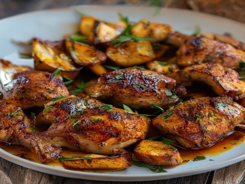 Finished Sheet-Pan Harissa-Roasted Chicken Thighs & Sweet Potatoes beautifully plated, professional food photography, natural lighting