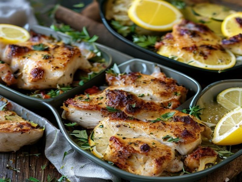 Finished Sheet-Pan Lemon-Rosemary Chicken Thighs | 4-Day Meal Prep Bowls beautifully plated, professional food photography, natural lighting