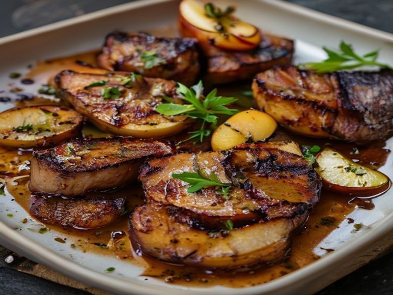Finished Sheet-Pan Maple Smoked Paprika Pork Chops with Caramelized Apples beautifully plated, professional food photography, natural lighting