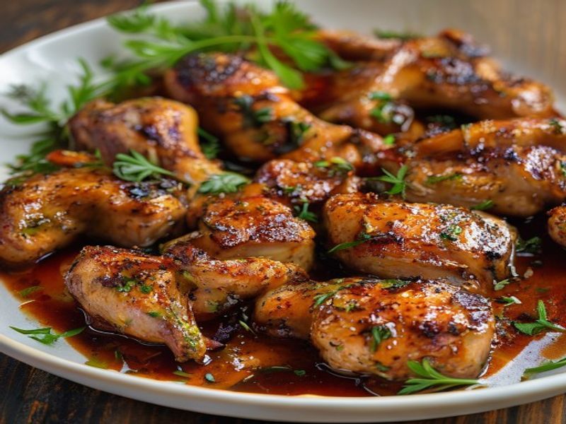 Finished Sheet-Pan Roasted Gochujang-Honey Chicken Thighs beautifully plated, professional food photography, natural lighting