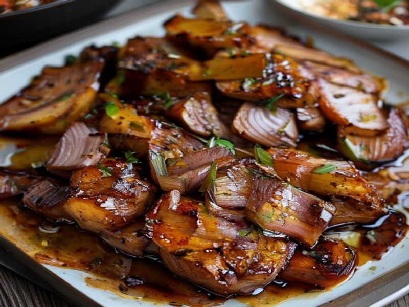 Finished Sheet-Pan Roasted Maple-Miso Pork Tenderloin with Caramelized Shallots beautifully plated, professional food photography, natural lighting